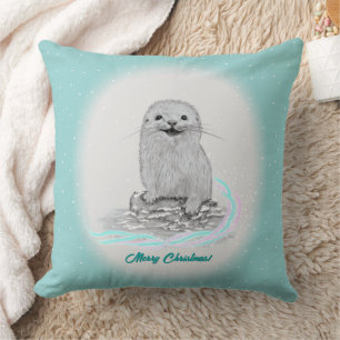 Cute White Baby Sea Otter , Merry Christmas Throw Pillow