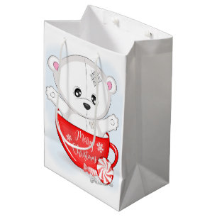 Cute White Bear in Red Mug Medium Gift Bag