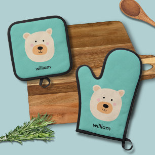 Cute white bear oven mitt & pot holder set