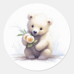 Cute White Bear With Flower Classic Round Sticker