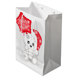 Cute White Bear with Red Christmas Balloon Medium Gift Bag