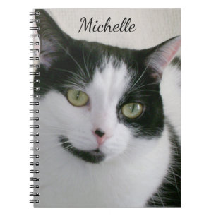 Cute White Black Cat Photo Personalized Name Notebook