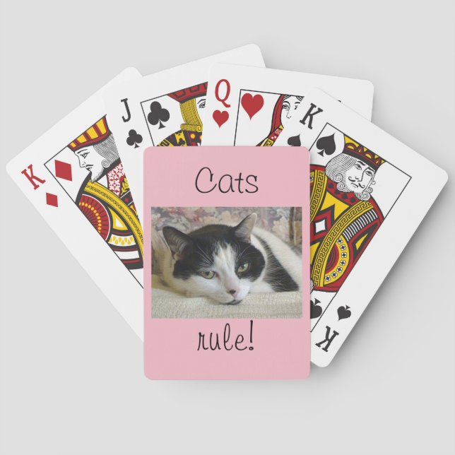 Cute White Black Cat Quote Cat's Rule Playing Cards (Back)