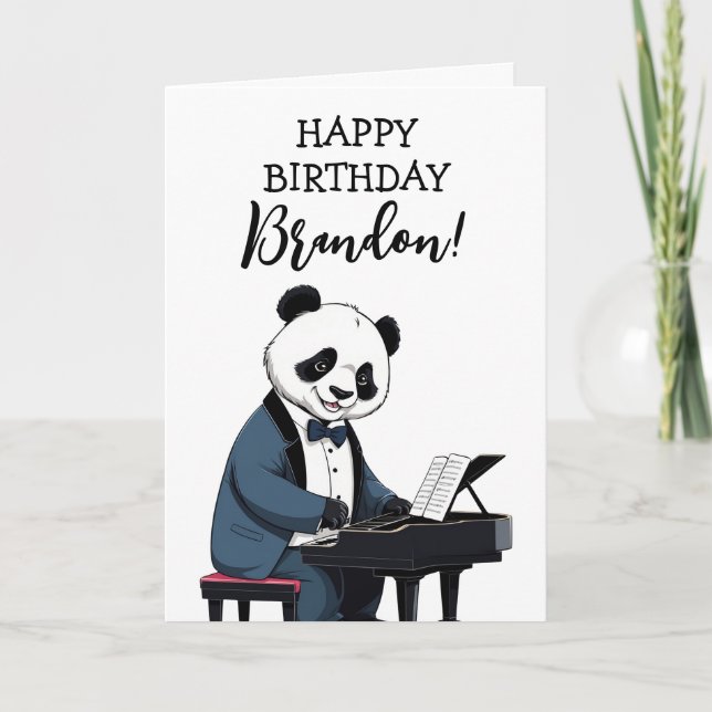Cute White & Black Panda Piano Birthday Card (Front)