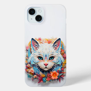Cute White Blue Cat with flowers Paper Cutout iPhone 15 Mini Case