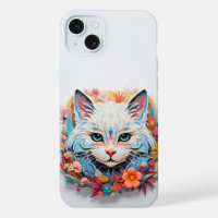 Cute White Blue Cat with flowers Paper Cutout