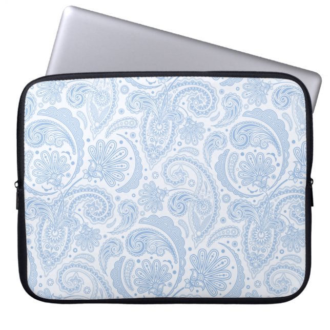 Cute white blue paisley pattern laptop sleeve (Front)