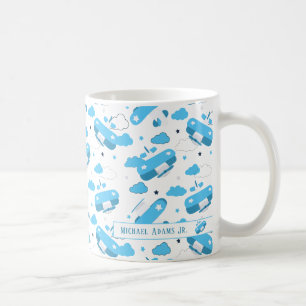 Cute White & Blue Planes and Clouds Kids Monogram Coffee Mug
