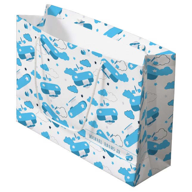 Cute White & Blue Planes and Clouds Kids Monogram Large Gift Bag (Front Angled)