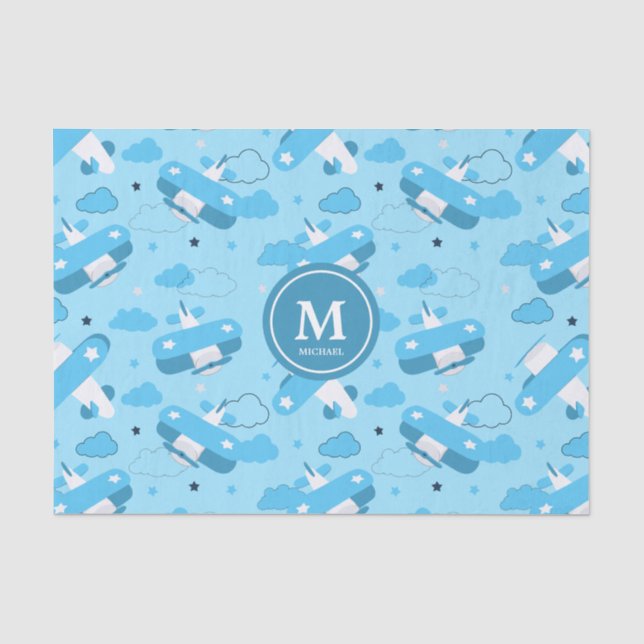 Cute White & Blue Planes and Clouds Kids Monogram Tissue Paper (Front)