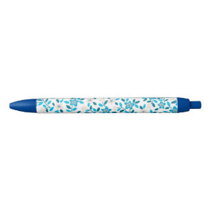 Cute white blue seamless spring flowers patterns black ink pen