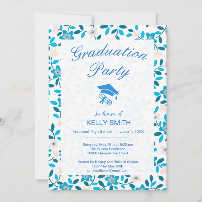 Cute white blue seamless spring graduation party invitation (Front)