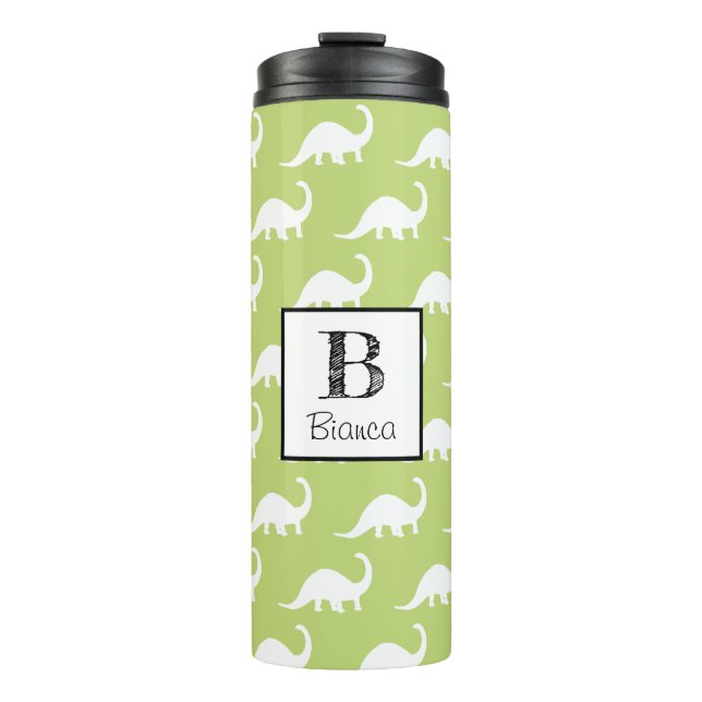 Cute White Brontosaurus Dinosaur Personalized Thermal Tumbler (Front)