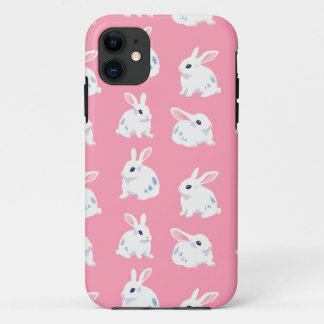 Cute White Bunnies on Pink - Adorable Pattern iPhone 11 Case
