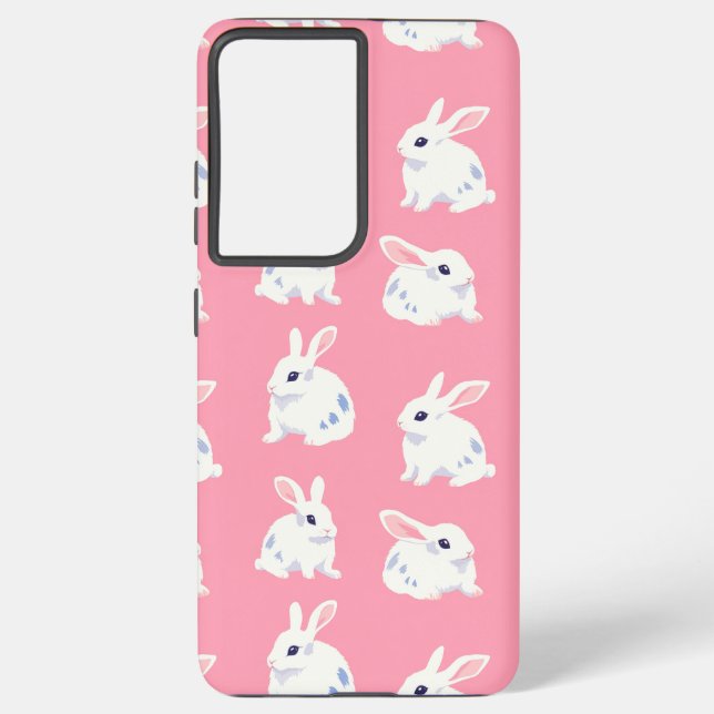 Cute White Bunnies on Pink - Adorable Pattern Samsung Galaxy S21 Ultra Case (Back)