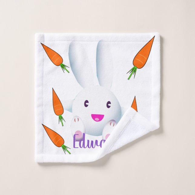 Cute White Bunny & Carrots Bath Towel Set (Wash Cloth)