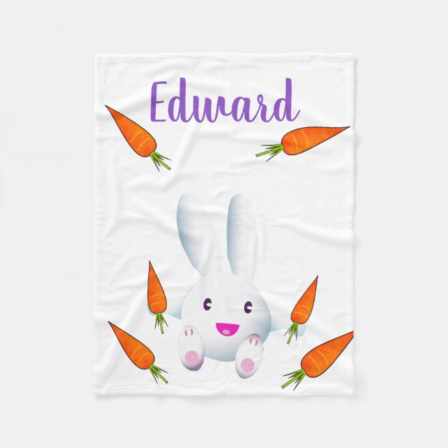 Cute White Bunny & Carrots Fleece Blanket (Front)