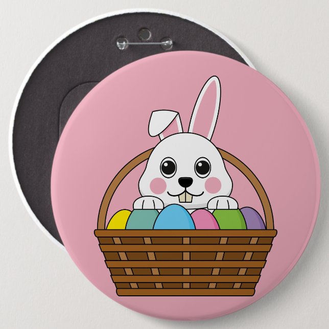 Cute White Bunny Colourful Easter Egg Hunt Basket 6 Inch Round Button (Front & Back)