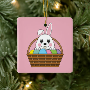 Cute White Bunny Colourful Easter Egg Hunt Basket Ceramic Ornament