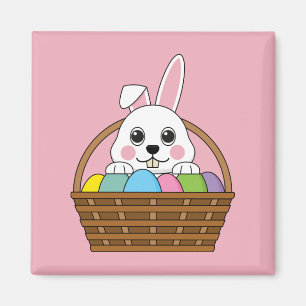 Cute White Bunny Colourful Easter Egg Hunt Basket Magnet