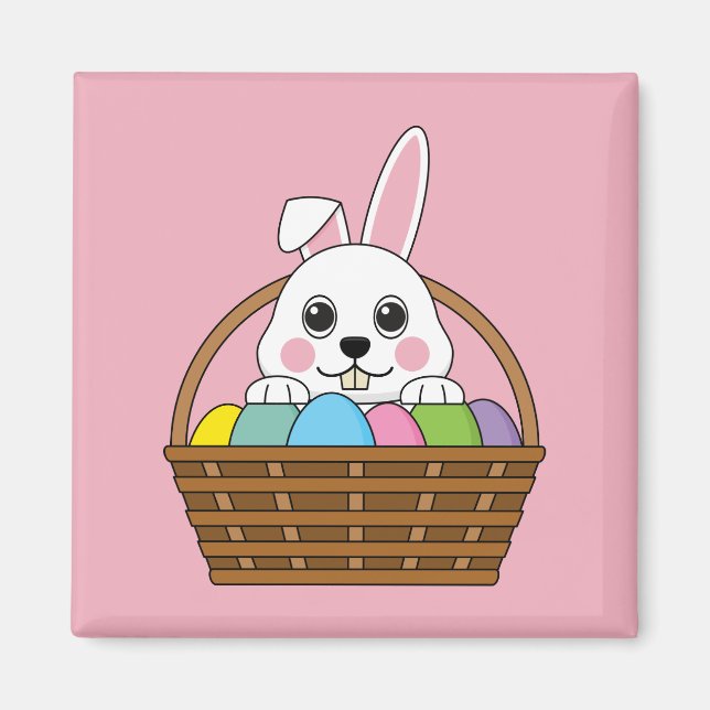 Cute White Bunny Colourful Easter Egg Hunt Basket Magnet (Front)