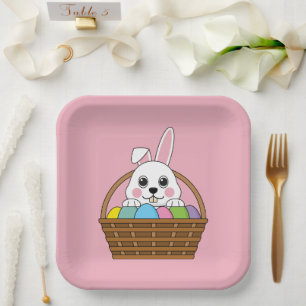 Cute White Bunny Colourful Easter Egg Hunt Basket Paper Plate
