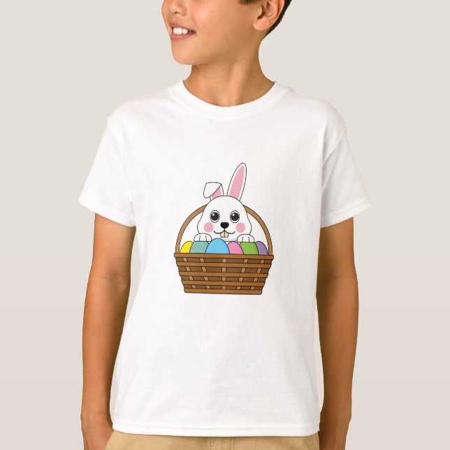 Cute White Bunny Colourful Easter Egg Hunt Basket T-Shirt (Front)