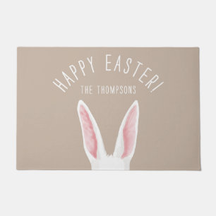 Cute White Bunny Ears On Beige Happy Easter Doormat