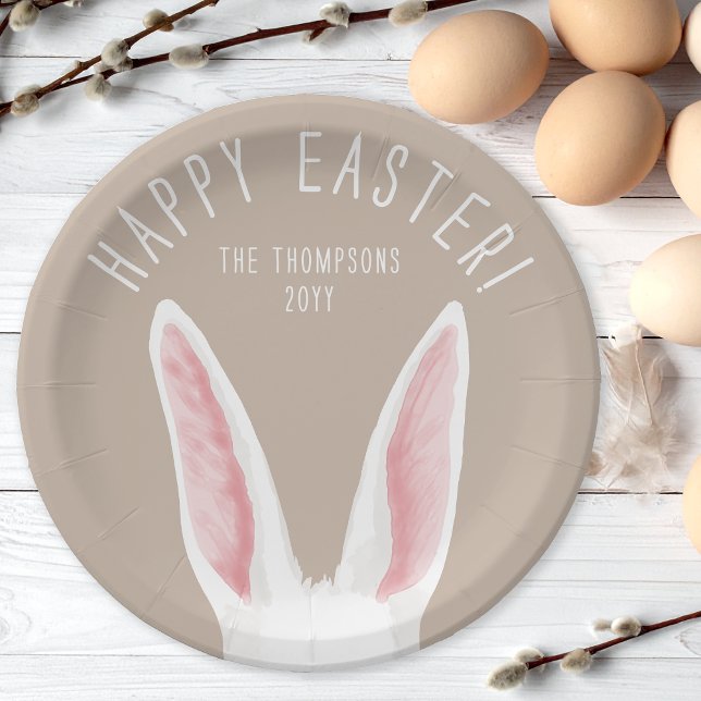 Cute White Bunny Ears On Beige Happy Easter Paper Plate (Creator Uploaded)