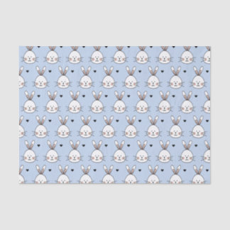 Cute White Bunny Faces and Hearts Pattern Blue Tissue Paper