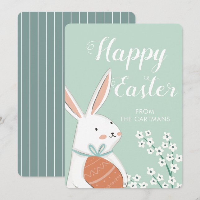 Cute White Bunny Flowers Happy Easter  Holiday Card (Front/Back)