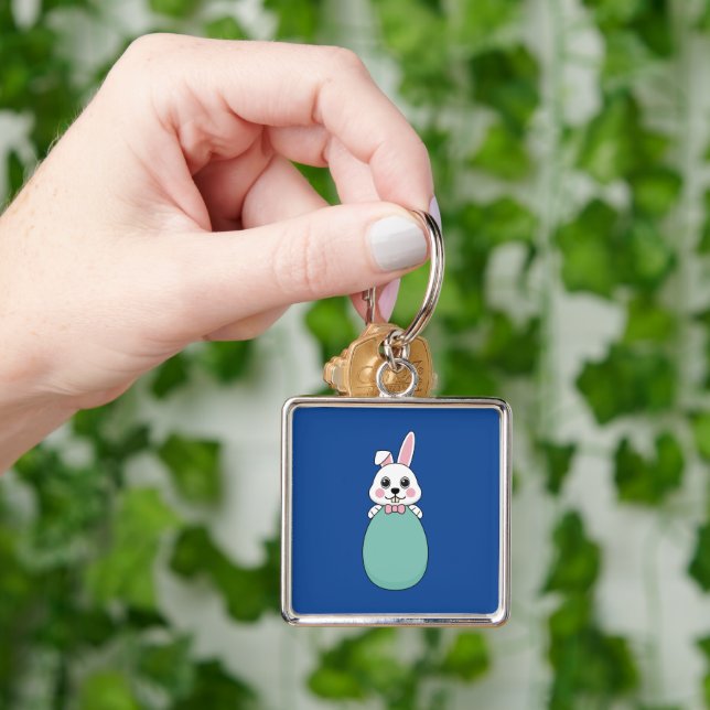 Cute White Bunny Holding Easter Egg Keychain (Hand)