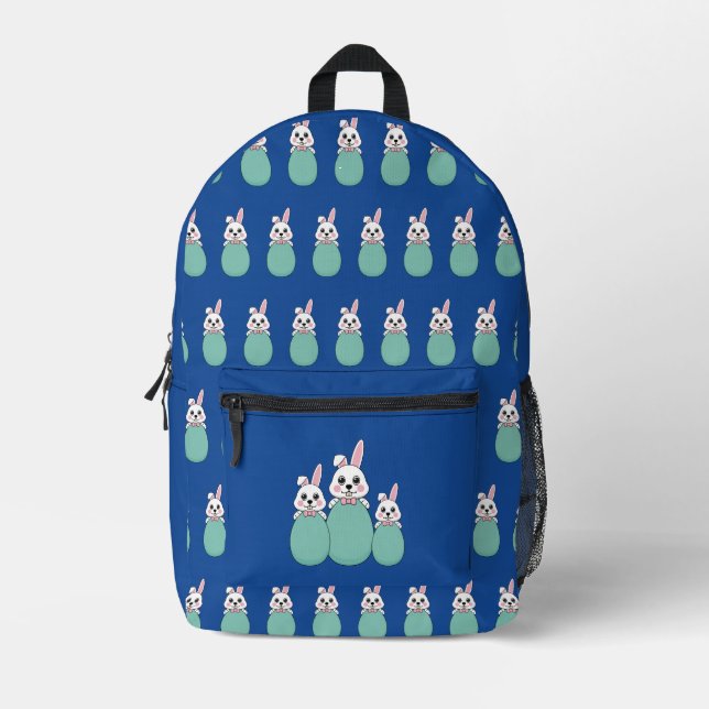 Cute White Bunny Holding Easter Egg Pattern Printed Backpack (Front)
