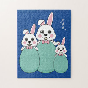 Cute White Bunny Holding Easter Egg Personalize Jigsaw Puzzle