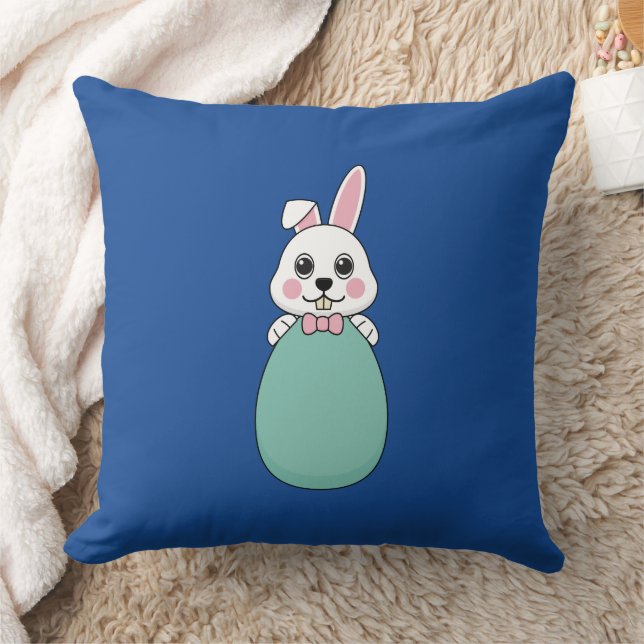 Cute White Bunny Holding Easter Egg Throw Pillow (Blanket)