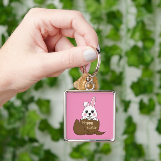 Cute White Bunny in Chocolate Egg Happy Easter Keychain (Hand)