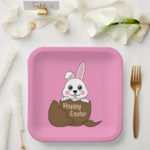Cute White Bunny in Chocolate Egg Happy Easter Paper Plate