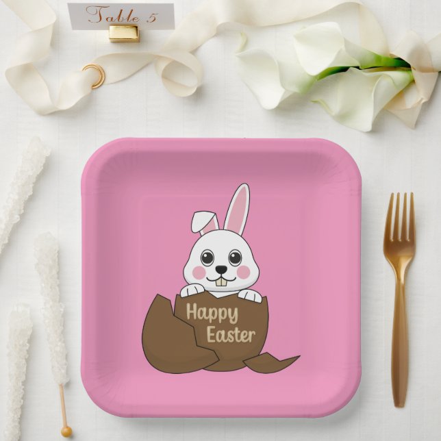 Cute White Bunny in Chocolate Egg Happy Easter Paper Plate (Wedding)