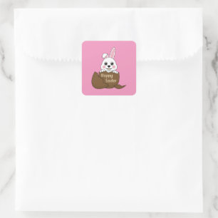 Cute White Bunny in Chocolate Egg Happy Easter Square Sticker