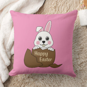 Cute White Bunny in Chocolate Egg Happy Easter Throw Pillow