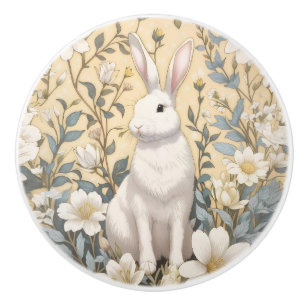 Cute White Bunny Pastel Yellow Floral Ceramic Knob
