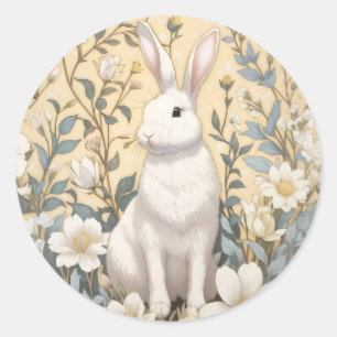 Cute White Bunny Pastel Yellow Floral  Classic Round Sticker