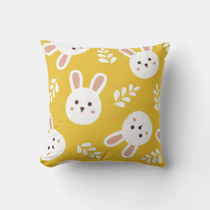 Cute White Bunny Pattern Whimsical Mustard Yellow  Throw Pillow