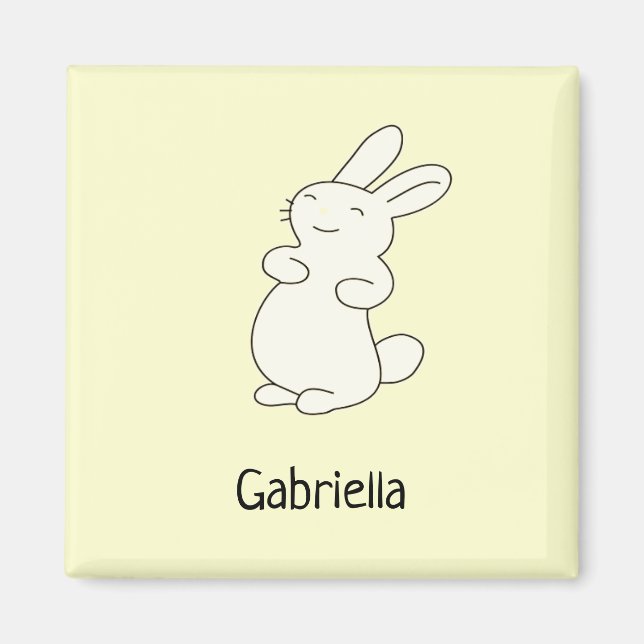Cute white bunny personalized name yellow magnet (Front)