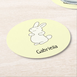 Cute white bunny personalized name yellow round paper coaster