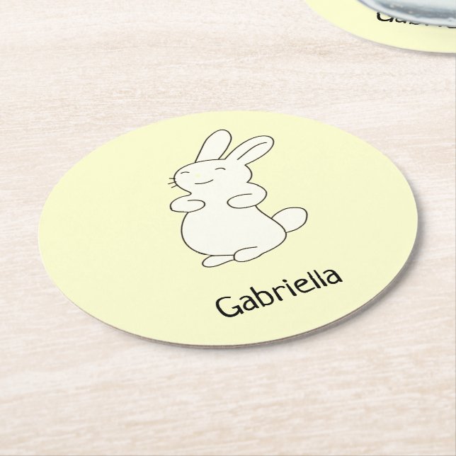 Cute white bunny personalized name yellow round paper coaster (Angled)