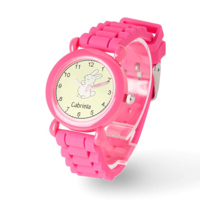 Cute white bunny personalized name yellow watch (Angle)
