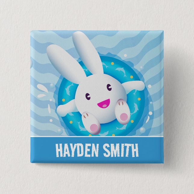 Cute White Bunny Pool Party Personalised 2 Inch Square Button (Front)