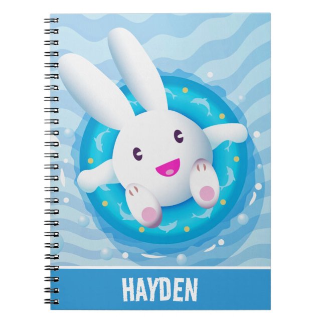 Cute White Bunny Pool Party Personalised Notebook (Front)
