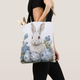 CUTE WHITE BUNNY RABBIT AND BLUE EASTER EGGS TOTE BAG